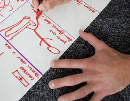 Hands drawing a storyboard for the participatory video project